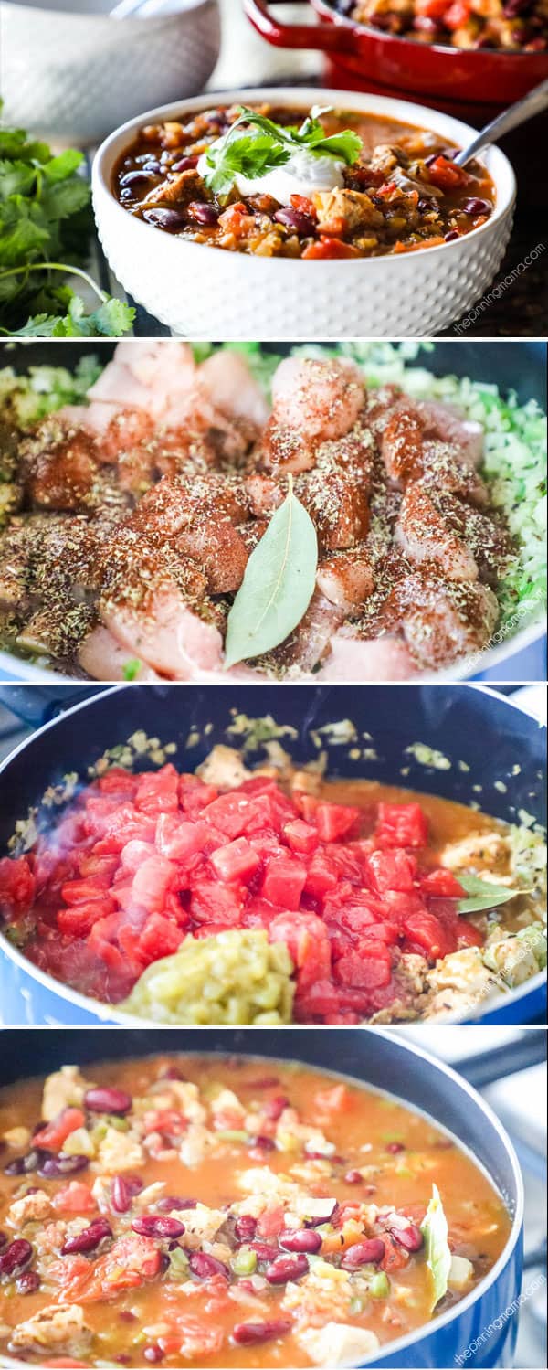 Chili with Chicken and Beans Recipe - The perfect homemade chili recipe packed with tomatoes, chicken breast, green chilis, beans, bell pepper and onion and rich broth!