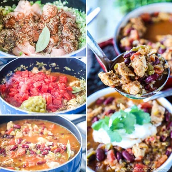 Chili with Chicken and Beans Recipe - The perfect homemade chili recipe packed with tomatoes, chicken breast, green chilis, beans, bell pepper and onion and rich broth!