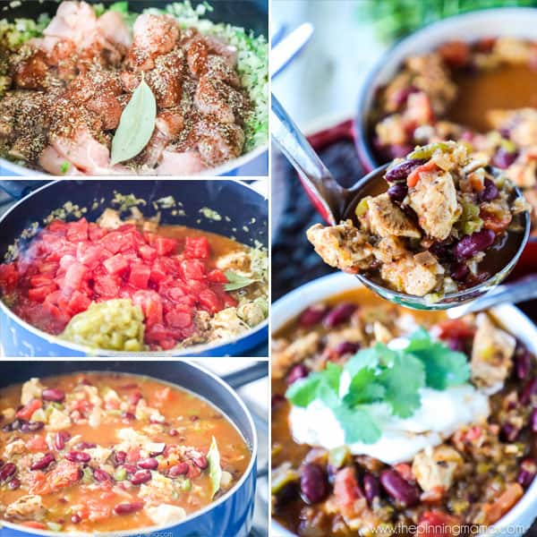 Chili with Chicken and Beans Recipe - The perfect homemade chili recipe packed with tomatoes, chicken breast, green chilis, beans, bell pepper and onion and rich broth!