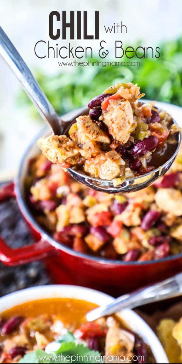 Chili with Chicken and Beans Recipe - The perfect homemade chili recipe packed with tomatoes, chicken breast, green chilis, beans, bell pepper and onion and rich broth!