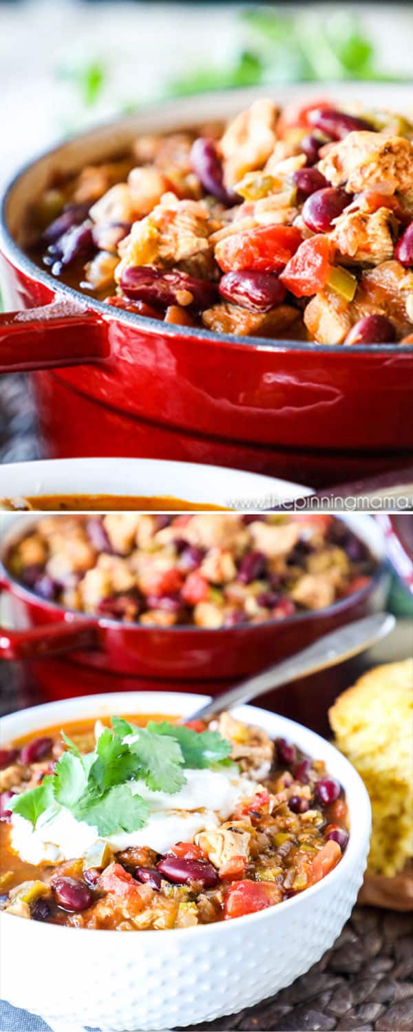 Chili with Chicken and Beans Recipe - The perfect homemade chili recipe packed with tomatoes, chicken breast, green chilis, beans, bell pepper and onion and rich broth!