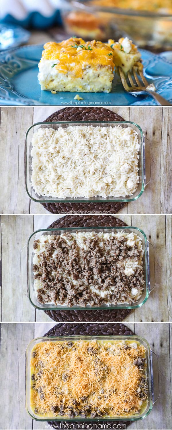 Husband's FAVORITE Breakfast Recipe! We make this breakfast casserole for Christmas and Easter every year! It is loaded with hashbrowns, eggs, sausage, and cheese! How to Make Breakfast Casserole - Step one combine hash browns, salt, pepper and cream cheese in casserole dish, Step 2: Add sausage on top step 3: pour egg mixture over top and add cheddar cheese.
