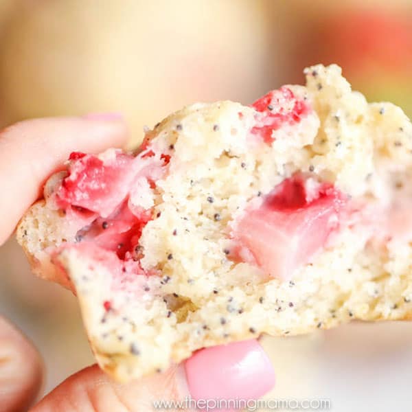 Best Bakery Style Strawberry Poppy Seed Muffin recipe! My kids beg me to make these every weekend! Perfect way to use fresh strawberries!