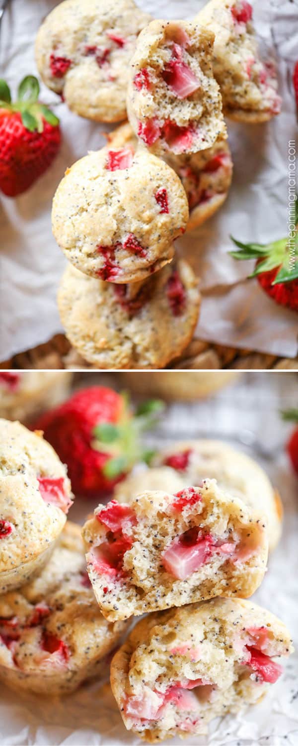 Best Bakery Style Strawberry Poppy Seed Muffin recipe! My kids beg me to make these every weekend! Perfect way to use fresh strawberries!