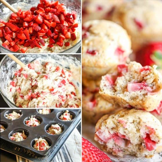Best Bakery Style Strawberry Poppy Seed Muffin recipe! My kids beg me to make these every weekend! Perfect way to use fresh strawberries!