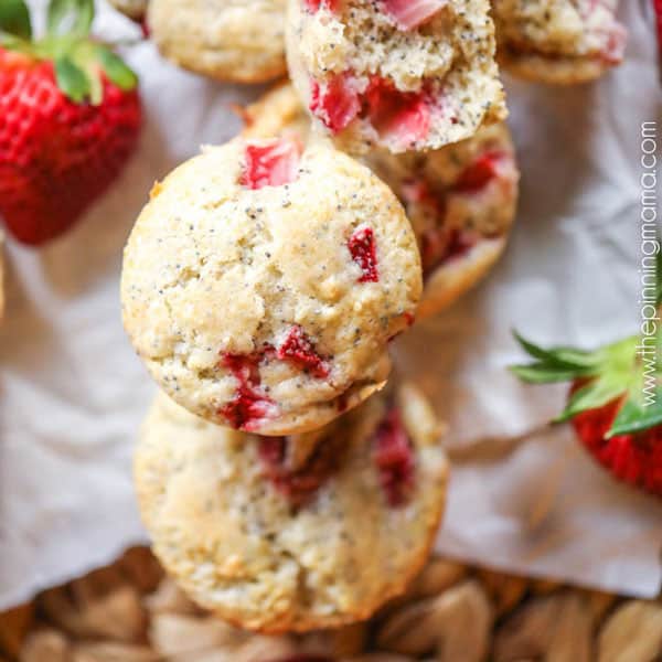 Best Bakery Style Strawberry Poppy Seed Muffin recipe! My kids beg me to make these every weekend! Perfect way to use fresh strawberries!