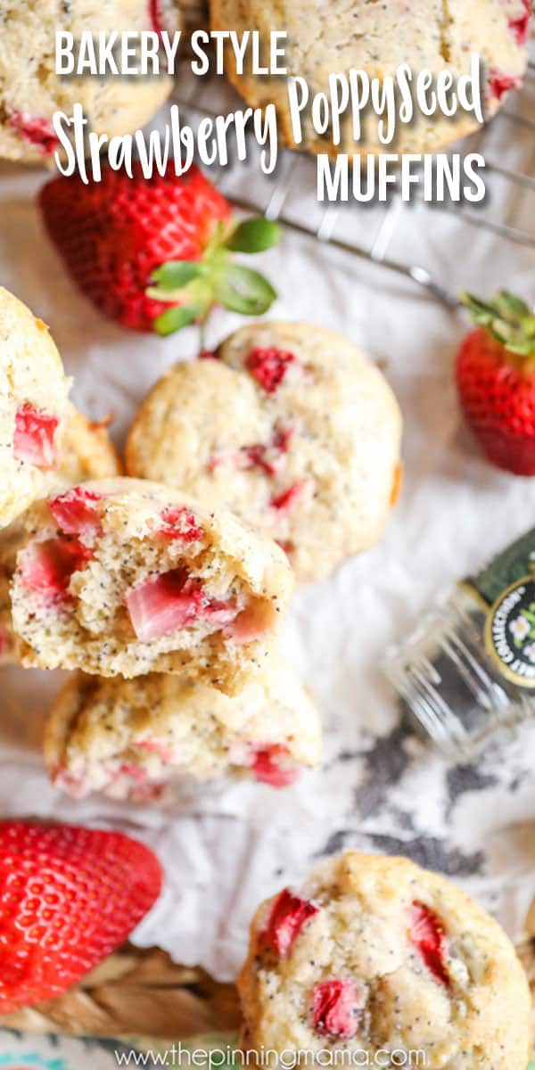 Best Bakery Style Strawberry Poppy Seed Muffin recipe! My kids beg me to make these every weekend! Perfect way to use fresh strawberries!