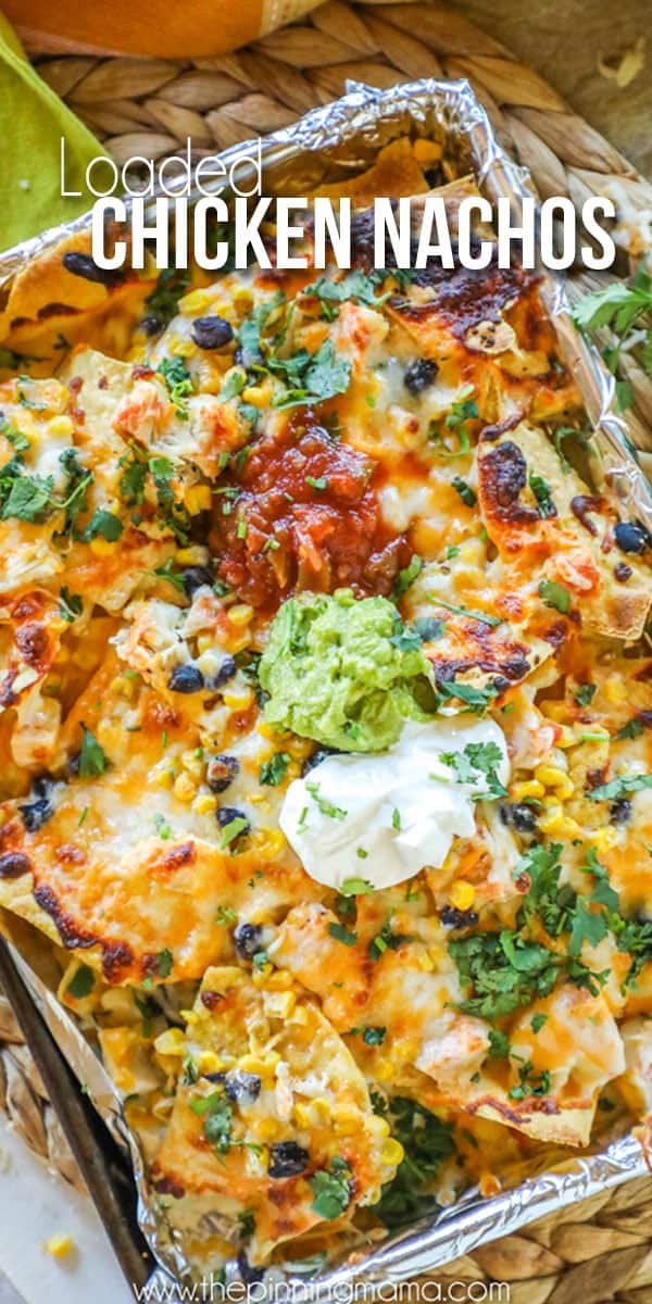 Loaded Chicken Nachos with Sour Cream, Salsa and Guacamole