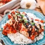 Bruchetta Chicken Bake served on rice