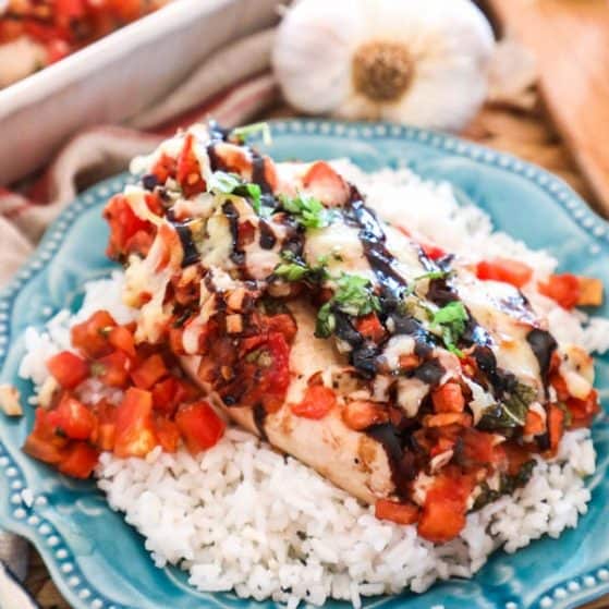 Bruchetta Chicken Bake served on rice