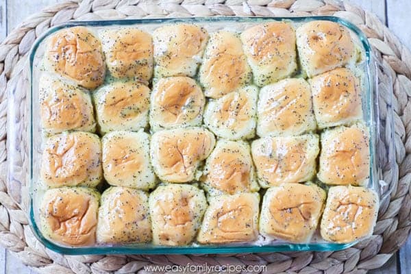 Shredded Chicken Sliders Step 6 - Spread butter mixture over the year