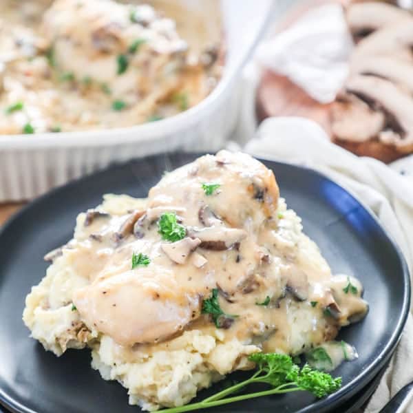 Marsala Chicken Served on top of Mashed Potatoes
