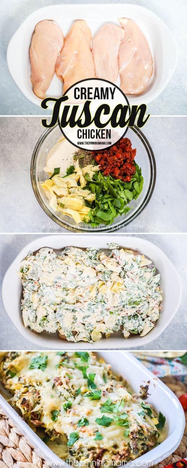 How to make Creamy Tuscan Garlic Chicken - Place chicken in casserole dish, cover with cheese, sun dried tomatoes, artichoke, and spinach mixture, bake and serve