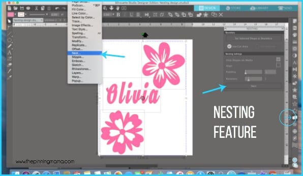Where to find the nesting feature in Silhouette Studio.