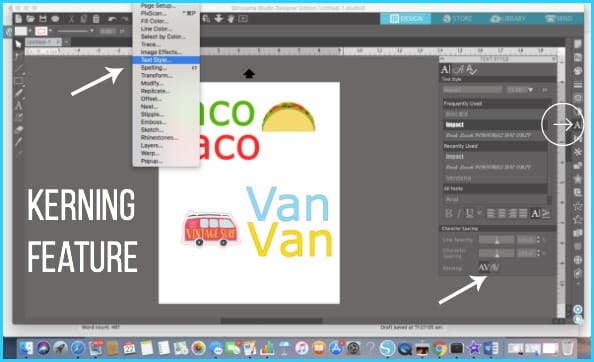 Where to find Kerning in Silhouette Studio.