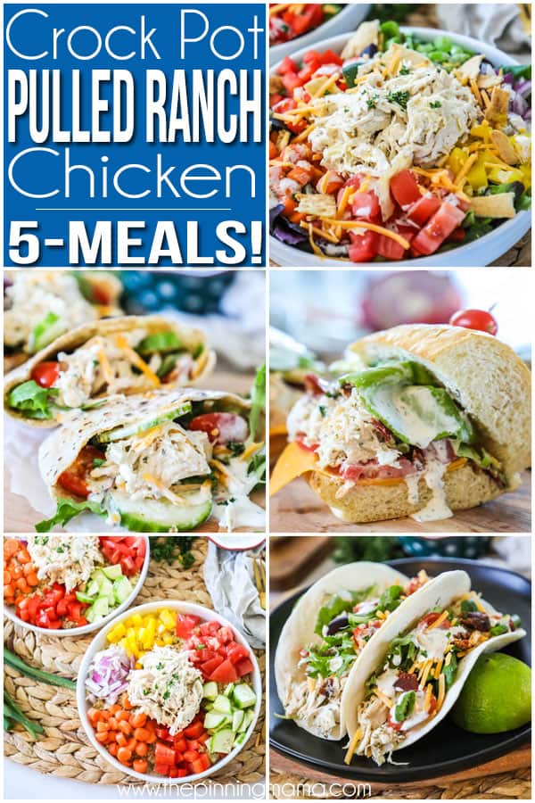 5 ways to use crockpot ranch chicken- Salad, pitas, bacon ranch chicken sandwich, ranch chicken tacos, grain bowl