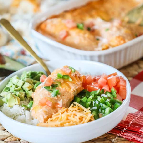 Chicken Enchilada Casserole served with veggies and rice