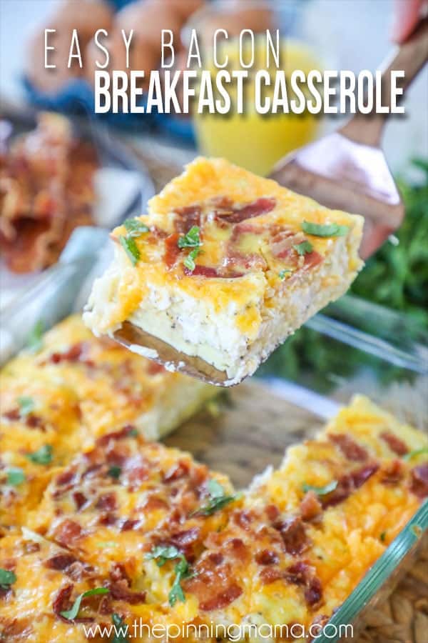 Slice of Easy Breakfast Casserole with Bacon on a spatula