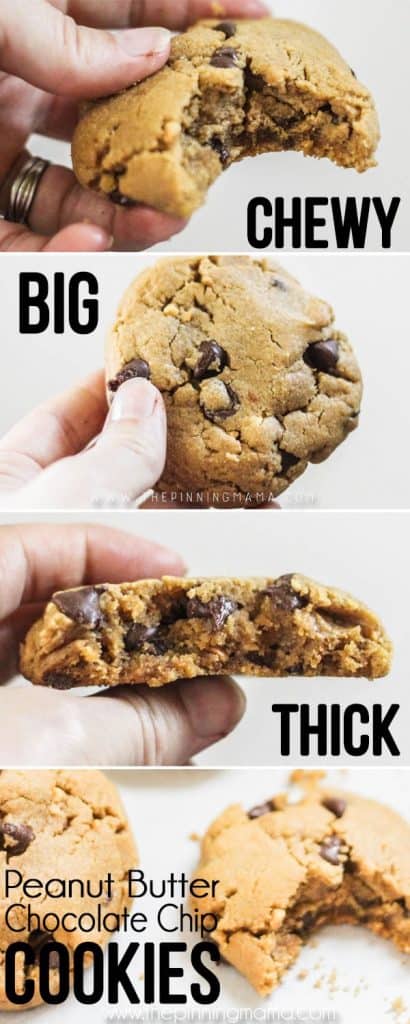Chewy Peanut Butter Chocolate Chip cookies with a bite- thick cookie broken in half