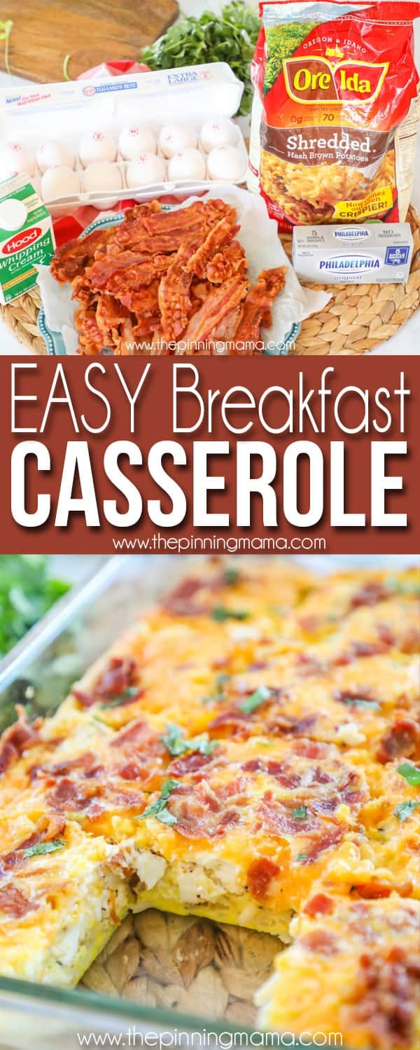 Husband's FAVORITE BREAKFAST!!! This is THE BEST Easy Breakfast Casserole recipe out there! Easy Breakfast Casserole with Bacon Ingredients and Casserole Dish