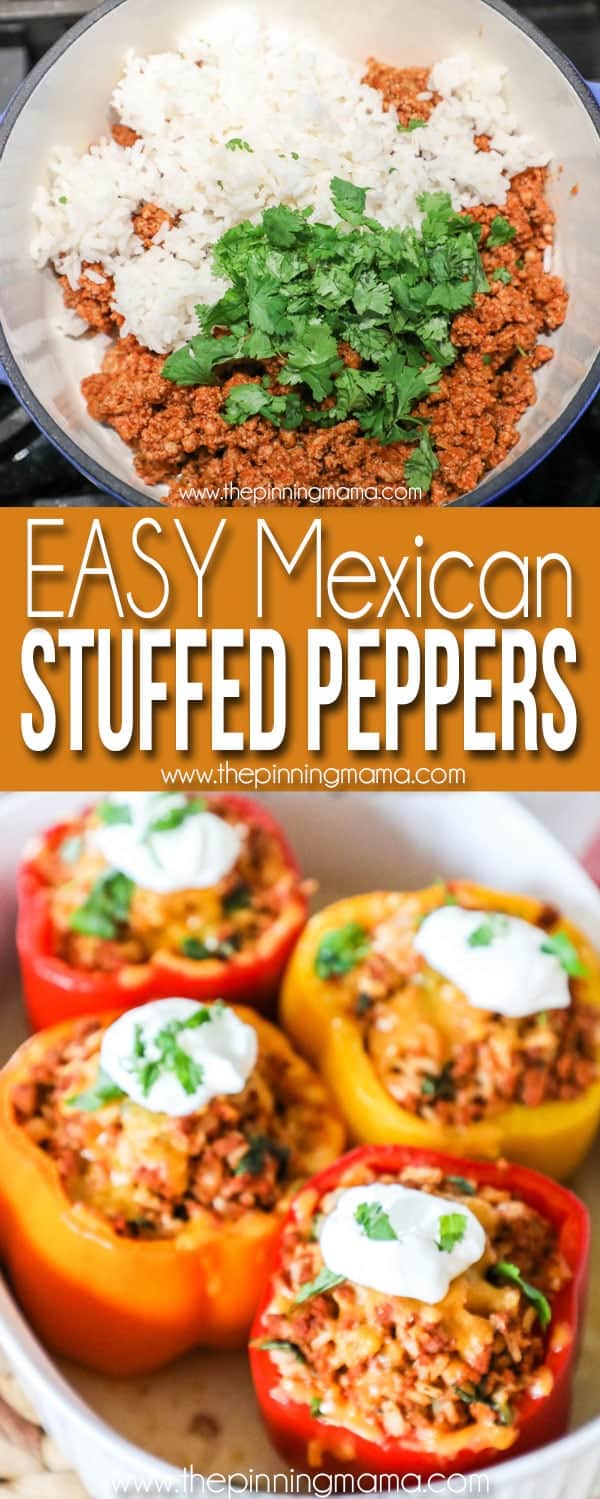 Easy Mexican Stuffed Peppers - Meat mixture with taco meat, rice and cilantro and baked in a casserole dish