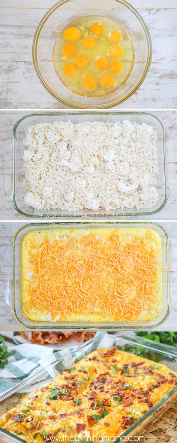 How to Make Easy Breakfast Casserole with Bacon- Step 1 Best eggs and cream - Step 2 put hashbrowns and cheese in casserole dish- Step 3 Cover with cheese and bacon and bake