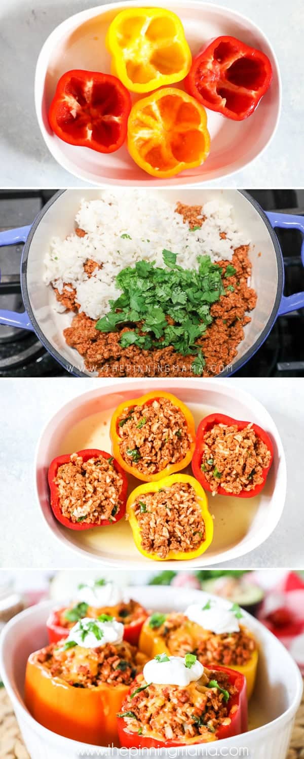 How to make Mexican Stuffed Peppers - Empty peppers and place in dish, mix meat mixture, stuff meat into peppers, bake and top stuffed peppers with sour cream and cilantro