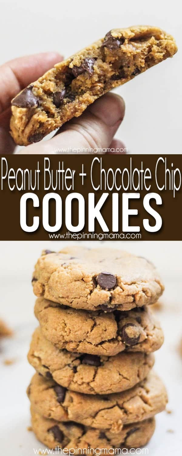 Stack of the BEST Peanut Butter Chocolate Chip Cookies - Thick, Chewy, Soft, delicious!