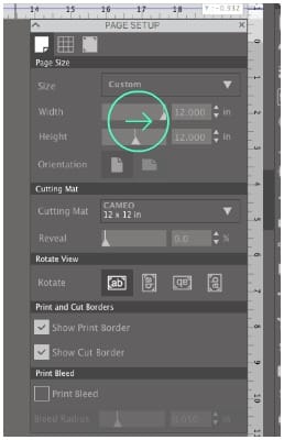 Where to adjust width and height in Silhouette Studio. 