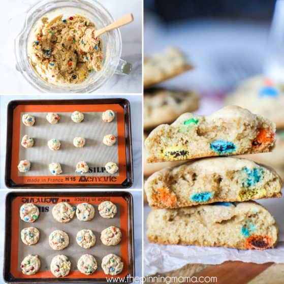 Step by Step M&M Cookie Recipe - Step 1: Make the dough Step 2: Place on Cookie sheet Step 3: Bake and let cool