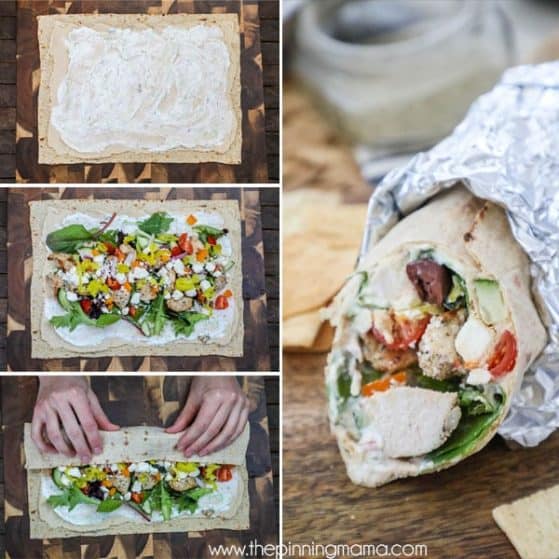 Easy Greek Chicken Wraps- Step 1 Spread the wrap with hummus and tzatziki. Step 2 Sprinkle on veggies, meats and cheeses. Step 3: Roll wrap up and wrap in foil.