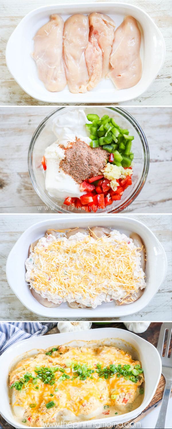 Cajun Chicken Recipe Instructions: Step 1: Place chicken in casserole dish. Step 2: mix cream cheese, sour cream, spices, and bell pepper together. Step 3: Spread mixture over chicken and top with cheese. Step 4: Bake for 30 minutes.