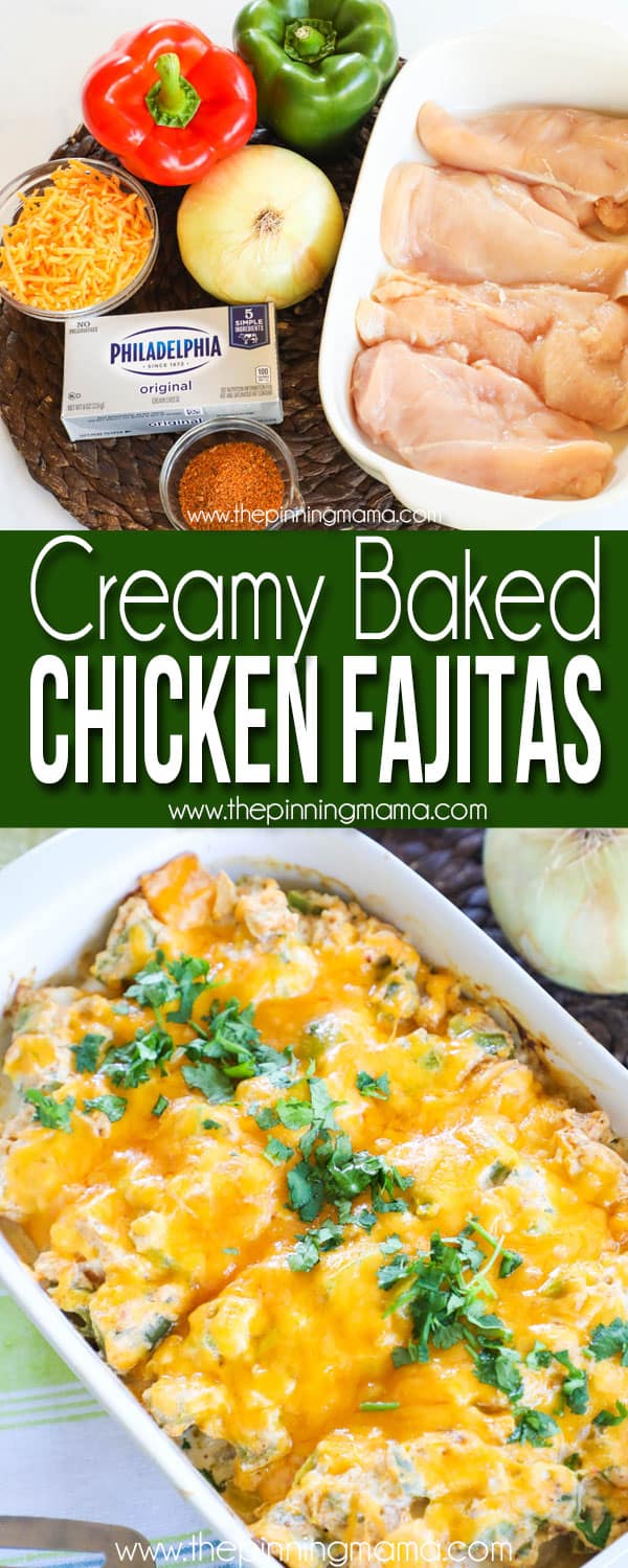 Creamy Chicken Fajita Bake Ingredients: Chicken breast, bell pepper, onion, cream cheese, fajita seasoning, and cheese