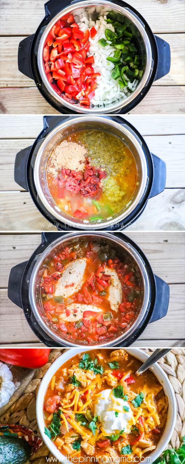 How to Make Chicken Fajita Soup- Step 1: Sautee bell pepper and onion. Step 2: Add remaining ingredients and stir well. Step 3: Cook on high pressure. Step 4: Chop chicken and stir back into the soup.