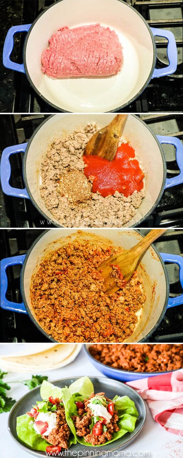 Steps to making turkey taco lettuce wraps. 
