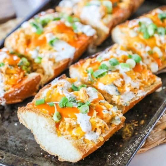 Recipe for buffalo ranch French bread pizza.