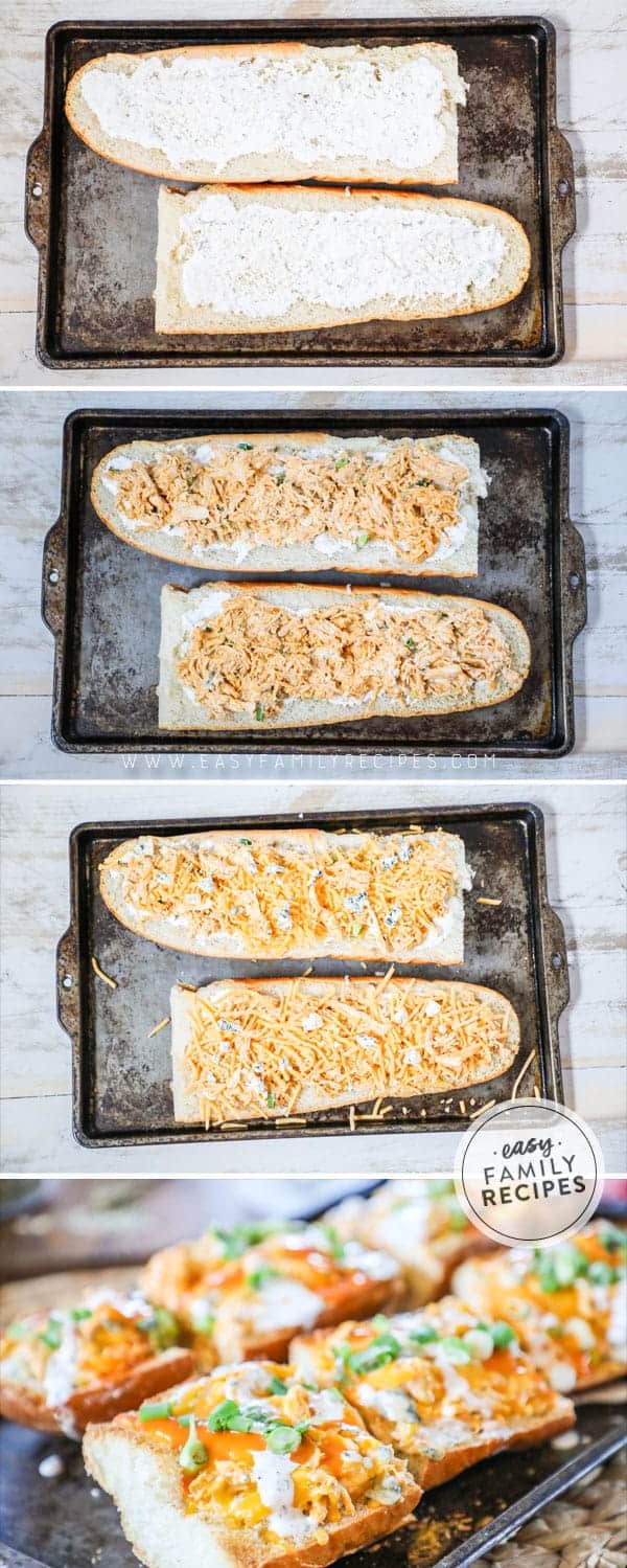Steps to making Buffalo Ranch French Bread Pizza.