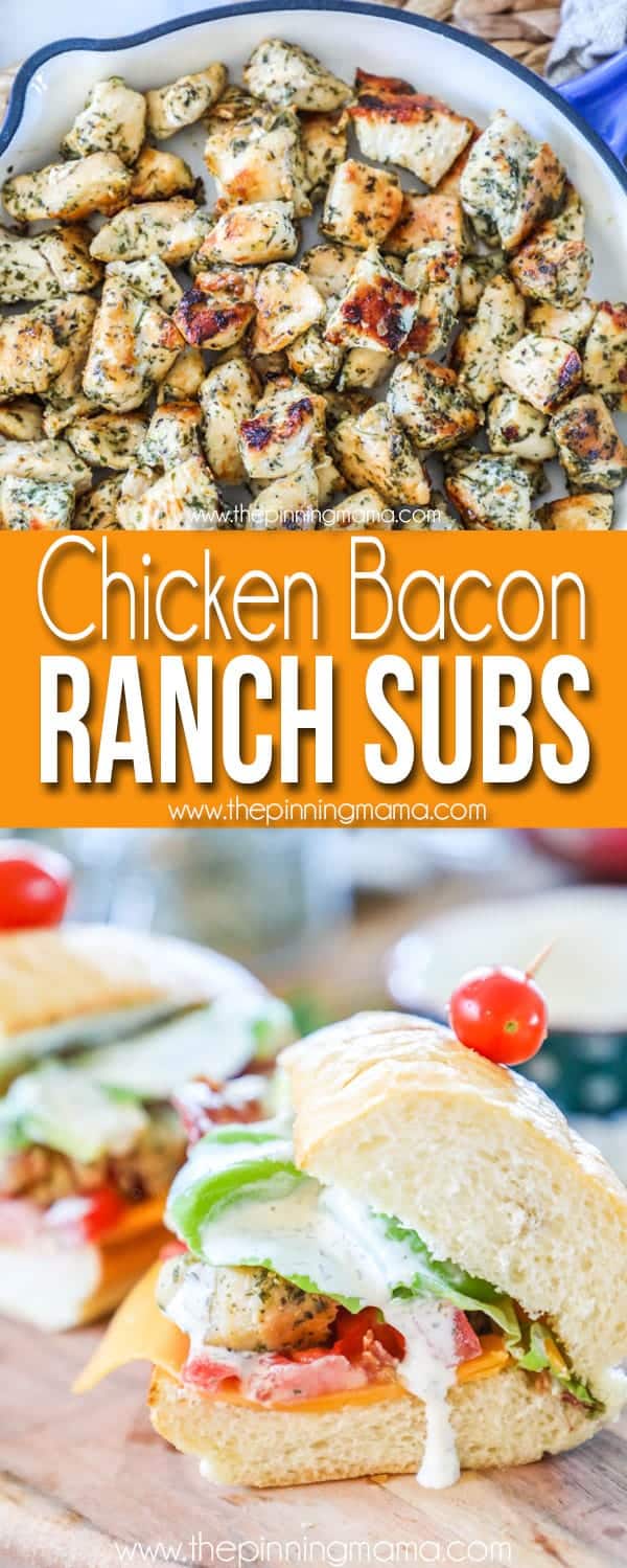Chicken Bacon Ranch Subs are loaded with ranch dressing, cheese, tomatoes, and lettuce. 