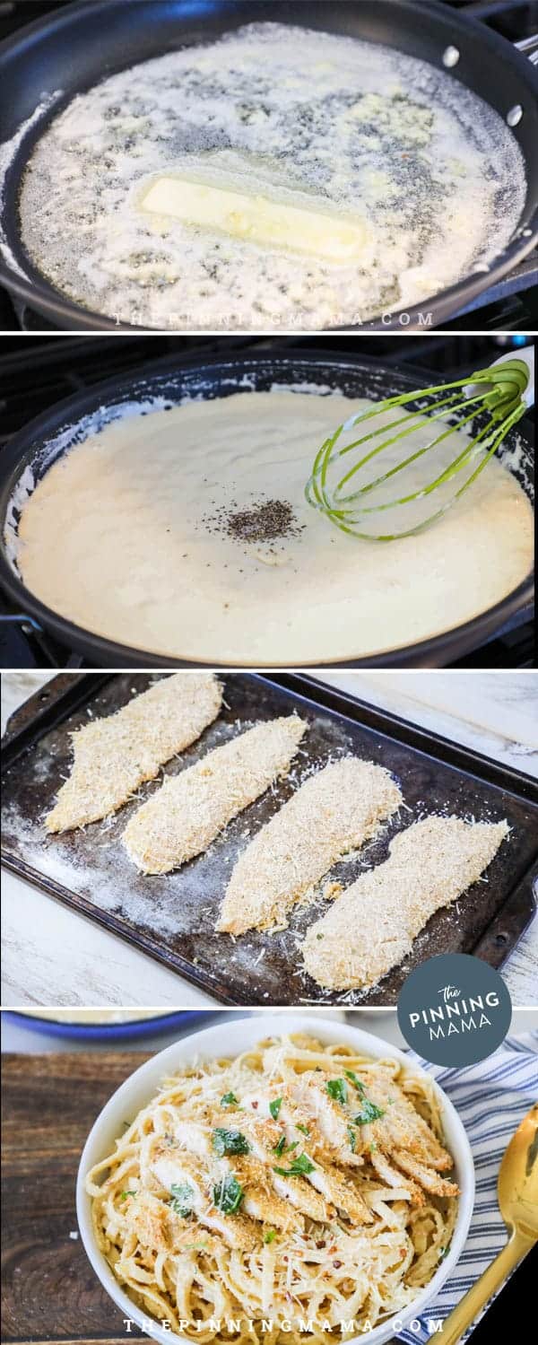 Steps to making Fettuccini Chicken Alfredo.