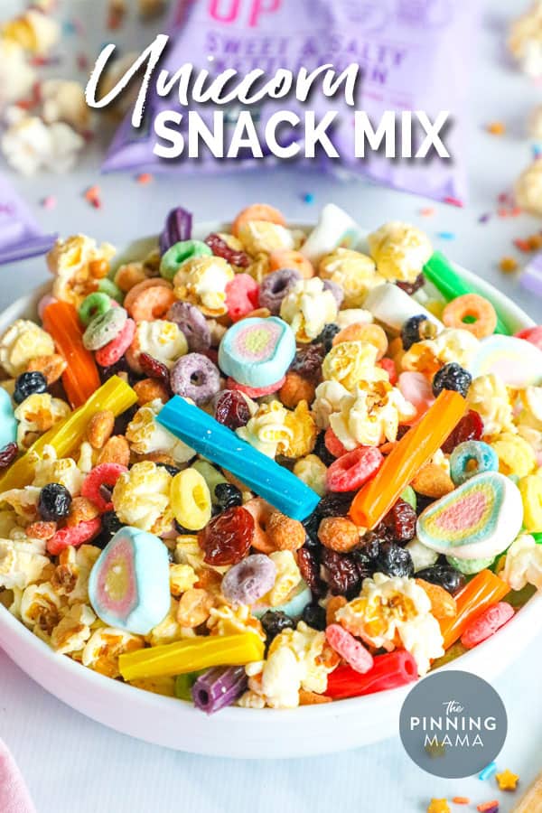 Unicorn snack mix made with popcorn, dried fruit, nuts, marshmallows and more