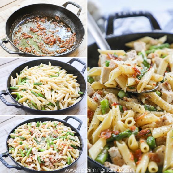 Steps for making garlic butter pasta with chicken bacon and asparagus